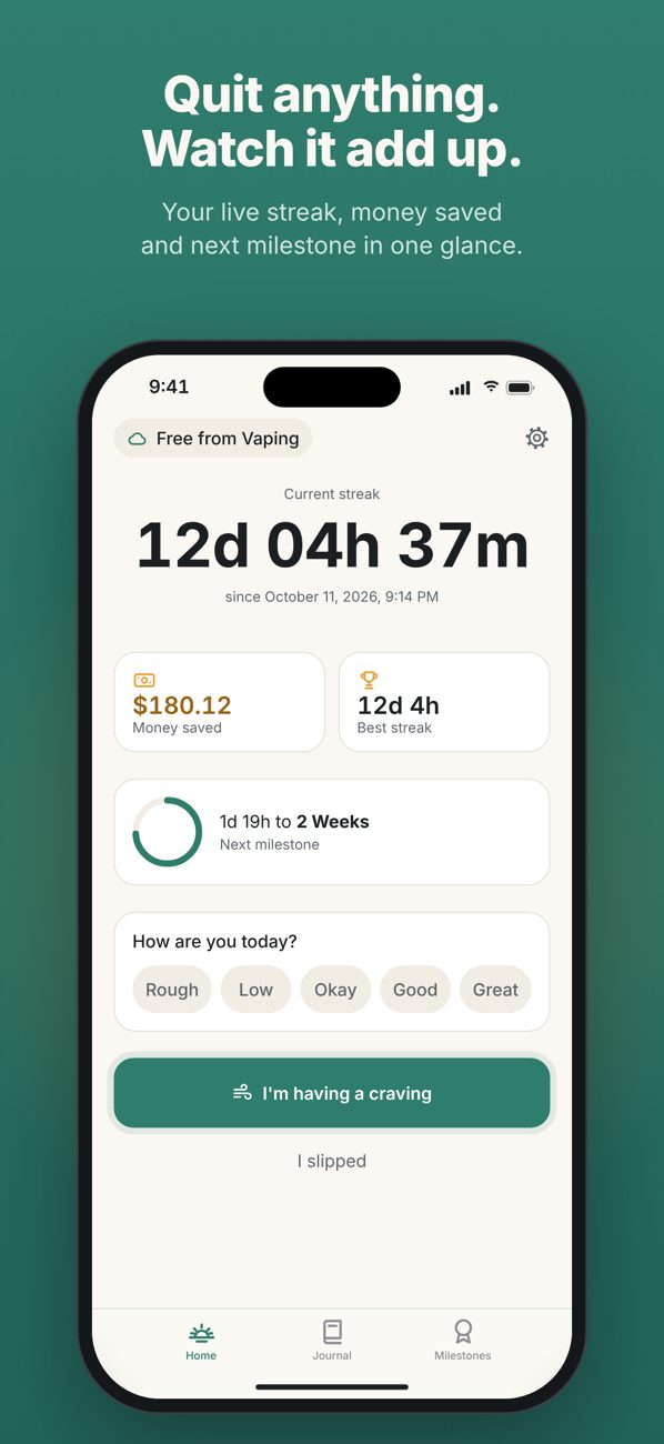 Steady: your streak and money saved at a glance